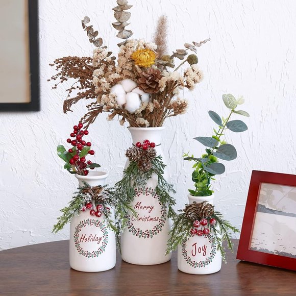 3-Piece White Flocked with Mixed Ceramic Bottles Vase Decorations - Picture 6 of 6
